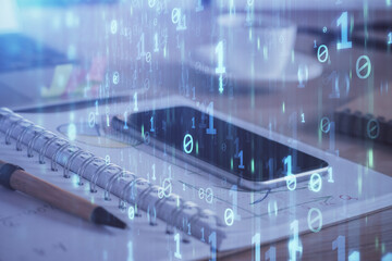 Double exposure of data theme drawing and mobile phone background. Concept of innovation