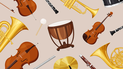 オーケストラの楽器が並んだ背景イラスト_16:9 © ふわぷか