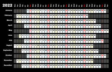 Black linear calendar 2022 with days and months color coding.