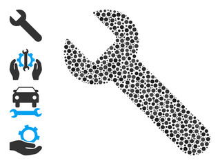 Round dot combination wrench. Vector mosaic is based on wrench icon, and made of random circle parts. Vector icon of wrench created of random spheric elements.