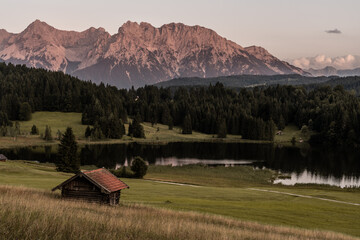 Single hut at geroldsee with alpenglow