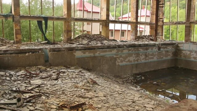 Jermuk, Armenia - 25th august, 2021: Pool in old abandoned soviet sports and cultural center in spa town Jermuk, Armenia