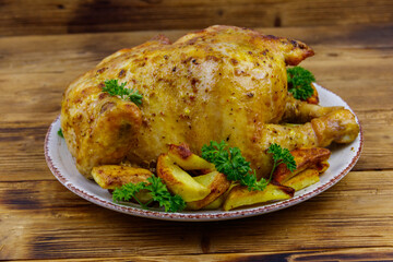Baked whole chicken with potato on a wooden table