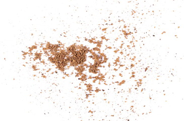 Fototapeta na wymiar Close up pile ground, milled nutmeg powder isolated on white background, top view 