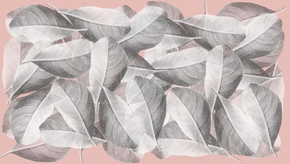 Tło z motywem jasno szarych liści na różowym tle. Grafika cyfrowa przeznaczona do druku na tkaninie, tapecie, płytkach ceramicznych, ozdobnym papierze.