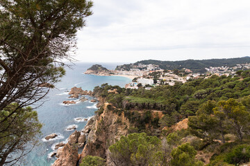 Landscape view of the mediterranean sea and the castle and the city of Tossa de mar in Catalonia, Spain