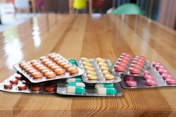 Pile of tablets in blister packs. Package. Pharmacy and medicine concept.