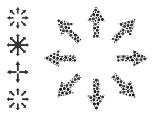 Round dot mosaic radial arrows. Vector mosaic is based on radial arrows icon, and made from scattered round items. Vector icon of radial arrows designed with scattered round elements.