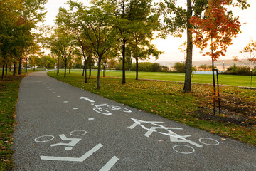 Two-way bicycle lane along the Samuel-de-Champlain boulevard seen during a beautiful autumn morning, Quebec City, Quebec, Canada