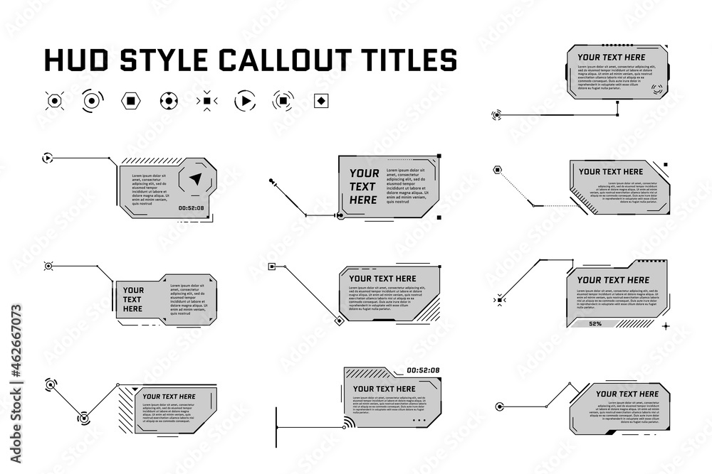 Poster hud futuristic style callout titles on white background. infographic call arrow box bars and modern 