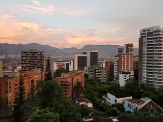 Fototapeta na wymiar Medellin, Antioquia, Colombia. October 7, 2019: Sunrise in the city seen from El Poblado.