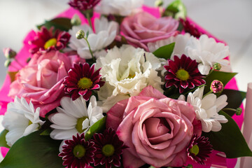 beautiful bouquet of colorful chrysanthemums and roses. 