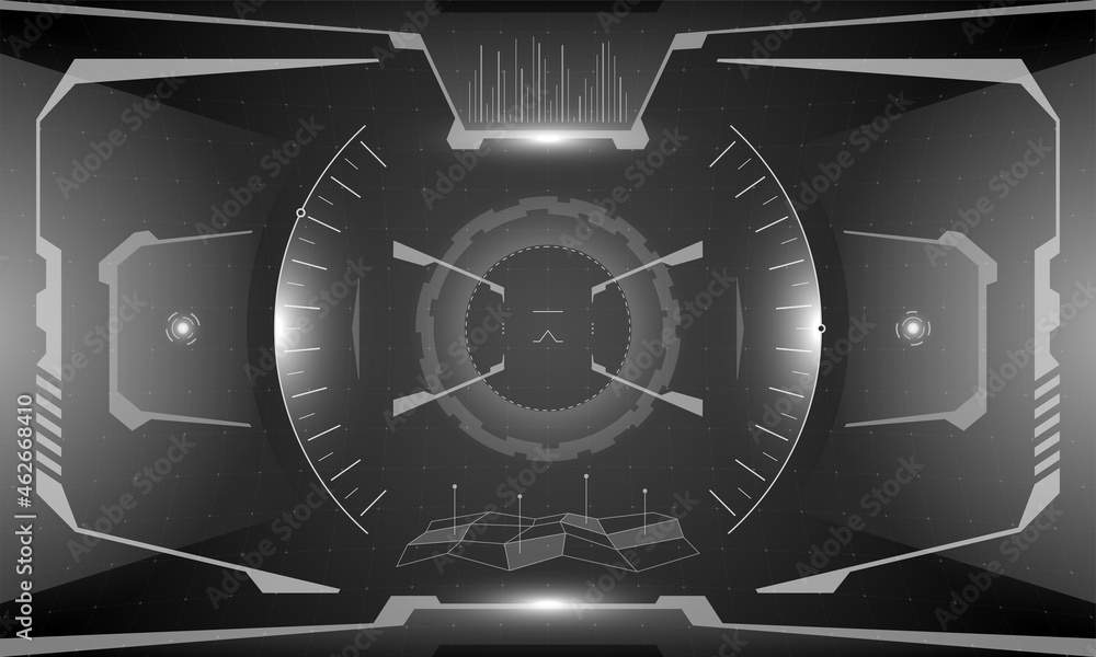 Poster vr hud game interface crosshair screen design. futuristic sci-fi virtual reality view head up displa