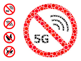 Round dot mosaic stop 5G. Vector collage is based on stop 5G symbol, and done from randomized round elements. Vector icon of stop 5G designed of randomized circle elements.
