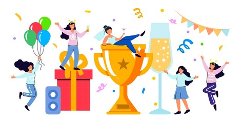 Discotheque, soiree, holiday celebration, evening with friends Success business team Golden trophy cup Symbol of victory Happy people dance, drink wine or champagne Vector illustration in flat style