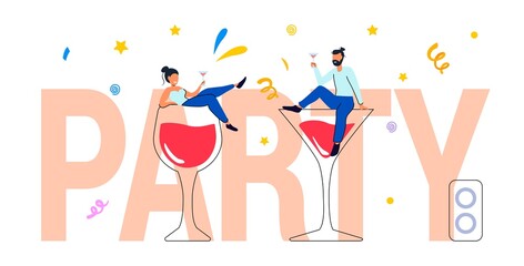 Happy holiday celebration with alcohol drinks festive mood and cheerful atmosphere Employees glad succeed Drunkard brain Vector illustration for booze problems, alcohol addiction, drunkard concept