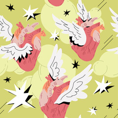Heart With Wings Seamless Pattern