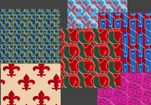 Seamless Pattern Set with Retro Colored Geometric Shapes and 3D Shadow Effect
