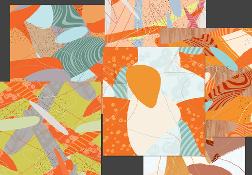 Seamless Pattern Set with Organic Grunge Textured Overlapping Oval Wavy Shapes and Lines
