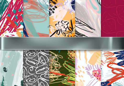 Seamless Pattern Collection with Hand Drawn Rough Abstract Strokes and Floral Elements