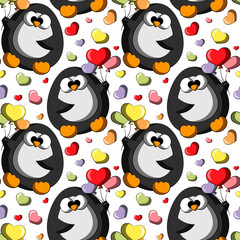 Seamless vector pattern with cute cartoon penguin with ballon in form heart