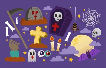 Halloween in Graveyard Element Collection, Cute Cartoon, Flat Design, Vector, Illustration
