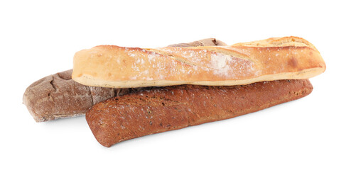 Different tasty baguettes on white background. Fresh bread