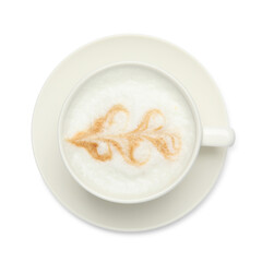 Cup of tasty coffee isolated on white, top view