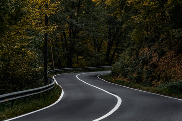 Fototapeta premium Beautiful scenery in October showing a curved road through the forest 