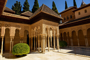 Moorish architecture at the Patio of the Lions (Patio de los Leones), part of the Nasrid palaces,...