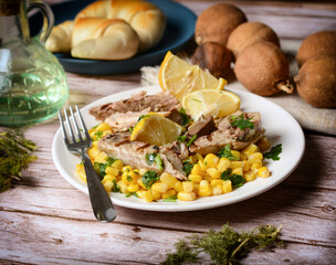 grilled mackerel fillets with corn garnish