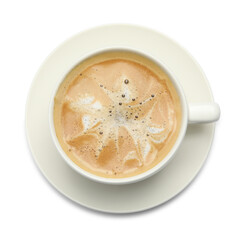 Cup of hot coffee isolated on white, top view