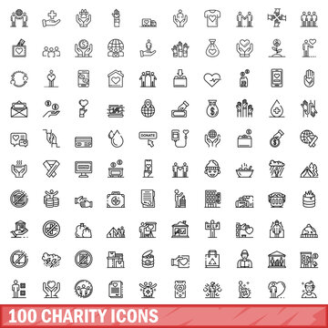 100 charity icons set. Outline illustration of 100 charity icons vector set isolated on white background