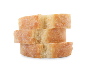 Slices of fresh baguette on white background