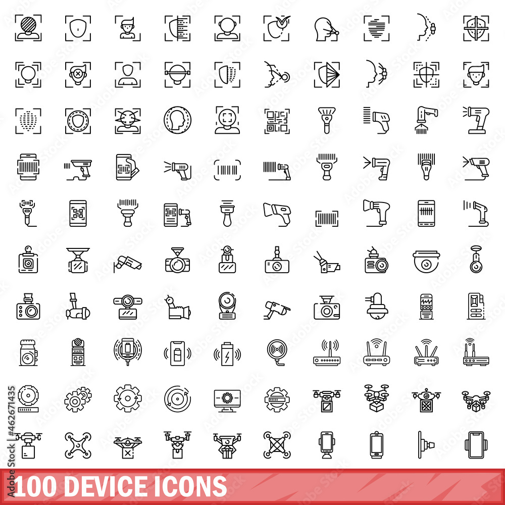 Poster 100 device icons set. outline illustration of 100 device icons vector set isolated on white backgrou