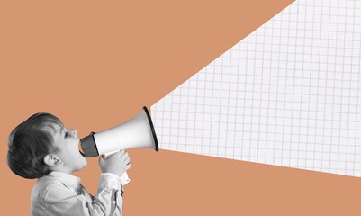 Modern design, contemporary art collage. Composition with little boy shouting at the megaphone.