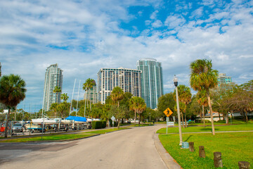 Modern city skyline including Signature Place, Bayfront Tower and One St. Petersburg from Demens...