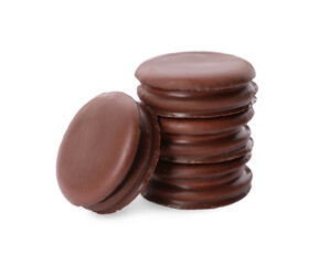 Delicious choco pies on white background. Classic snack cakes