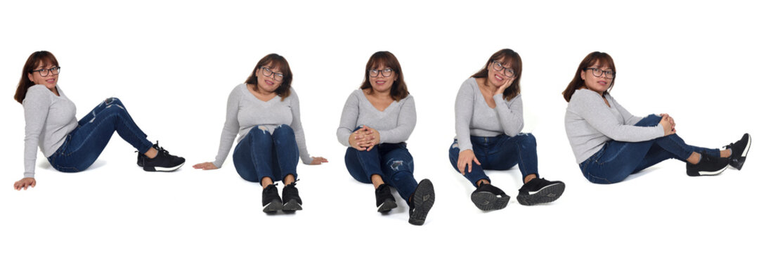 various poses of the same woman sitting on the floor on white background