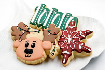 Christmas festive cookies up-close with green and red icing