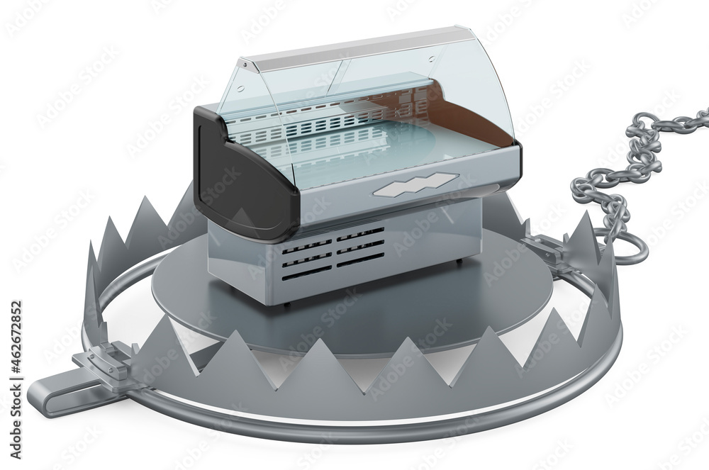 Poster bear trap with display case, showcase. 3d rendering