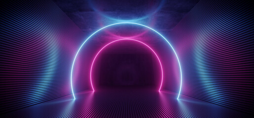 Neon-Sci-Fi-futuristisches Alien-Raumschiff Moderner leuchtender lila blauer ovaler Kreis leuchtende Laserstrahlen Flur Korridor Retro dunkel leer Podium Club Party 3D-Rendering