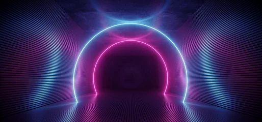 Neon-Sci-Fi-futuristisches Alien-Raumschiff Moderner leuchtender lila blauer ovaler Kreis leuchtende Laserstrahlen Flur Korridor Retro dunkel leer Podium Club Party 3D-Rendering © IM_VISUALS