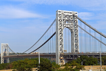 George Washington Bridge, double-decked suspension bridge spanning Hudson River in autumn. New York City, United States