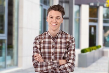 Young boy teen student wear casual clothes posing