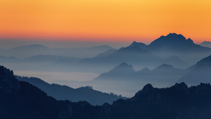 Pre sunrise at dawn in the Ammergau Alps near Füssen, Schwangau. Taken from top of Mountain Krähe / Hochplatte. Germany, Austria