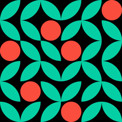 Christmas hollies geometric seamless bauhaus pattern, branches with berries, berry, cranberry, shapes, colorful, circle, triangle