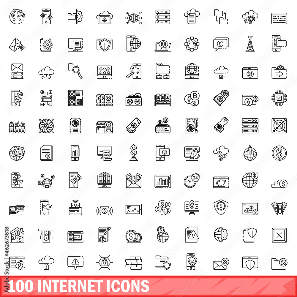 Poster 100 internet icons set. outline illustration of 100 internet icons vector set isolated on white back