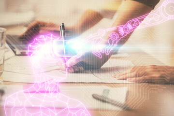 Double exposure of woman hands typing on computer and man in AR glasses drawing. Education concept.