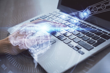 Multi exposure of woman hands working on computer and brain hologram drawing. Ai concept.